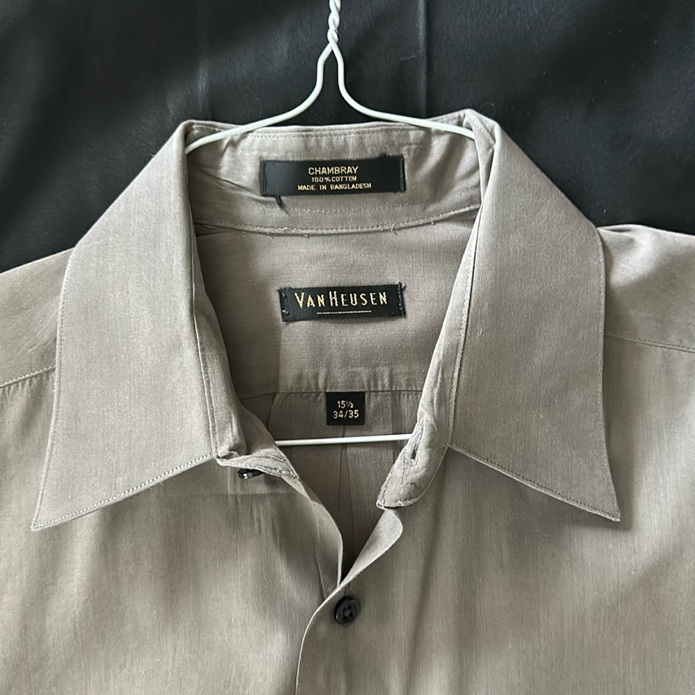 Olive colored dress shirt.